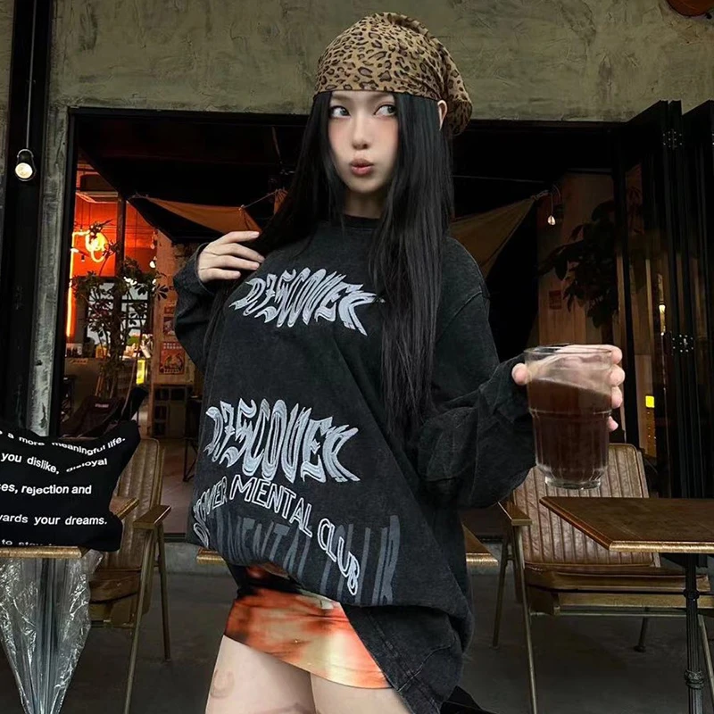 DMCkal 水洗做旧刺绣Logo美式复古长袖圆领T恤 暗黑内搭 男女同款