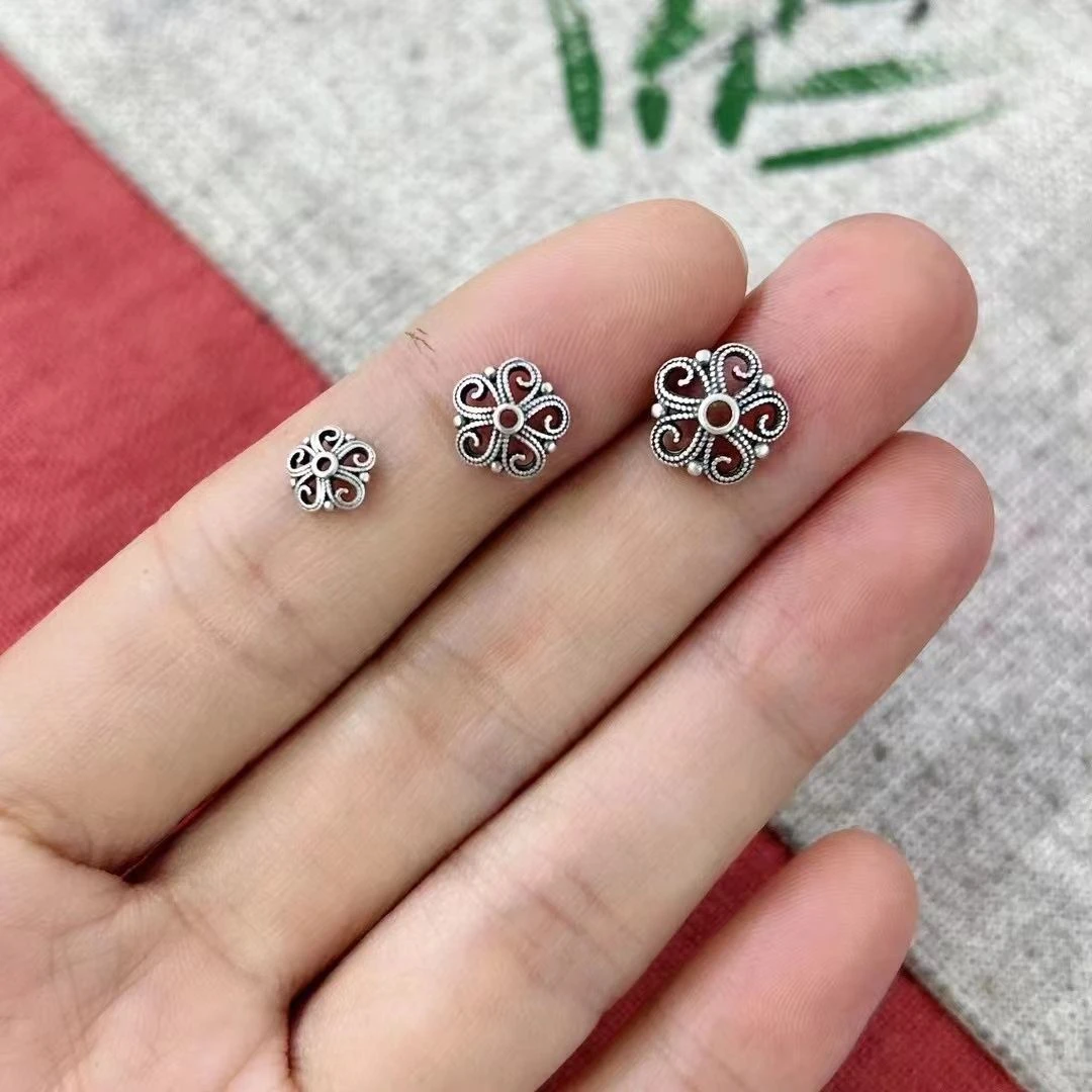 925银银制品 【满19包邮】0860-复古精工花托串珠配饰DIY配件
