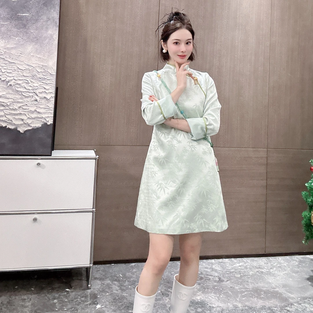 KK颜小新【绿簪南春】新中式国风绿色竹叶纹时尚修身早春气质复古
