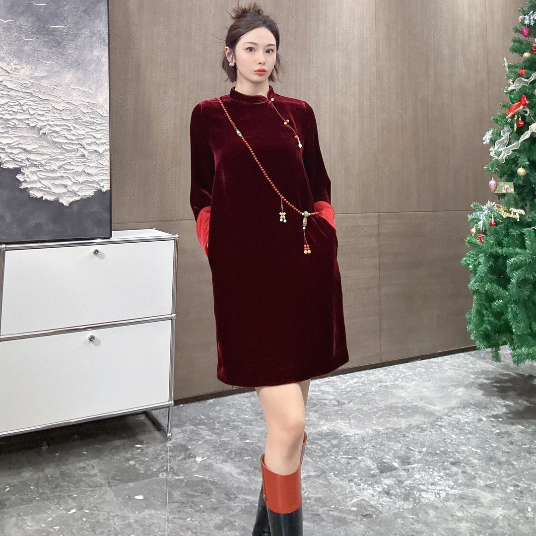 KK颜小新【若黎】新中式国风时尚设计师中长款加厚连衣裙长袖红色
