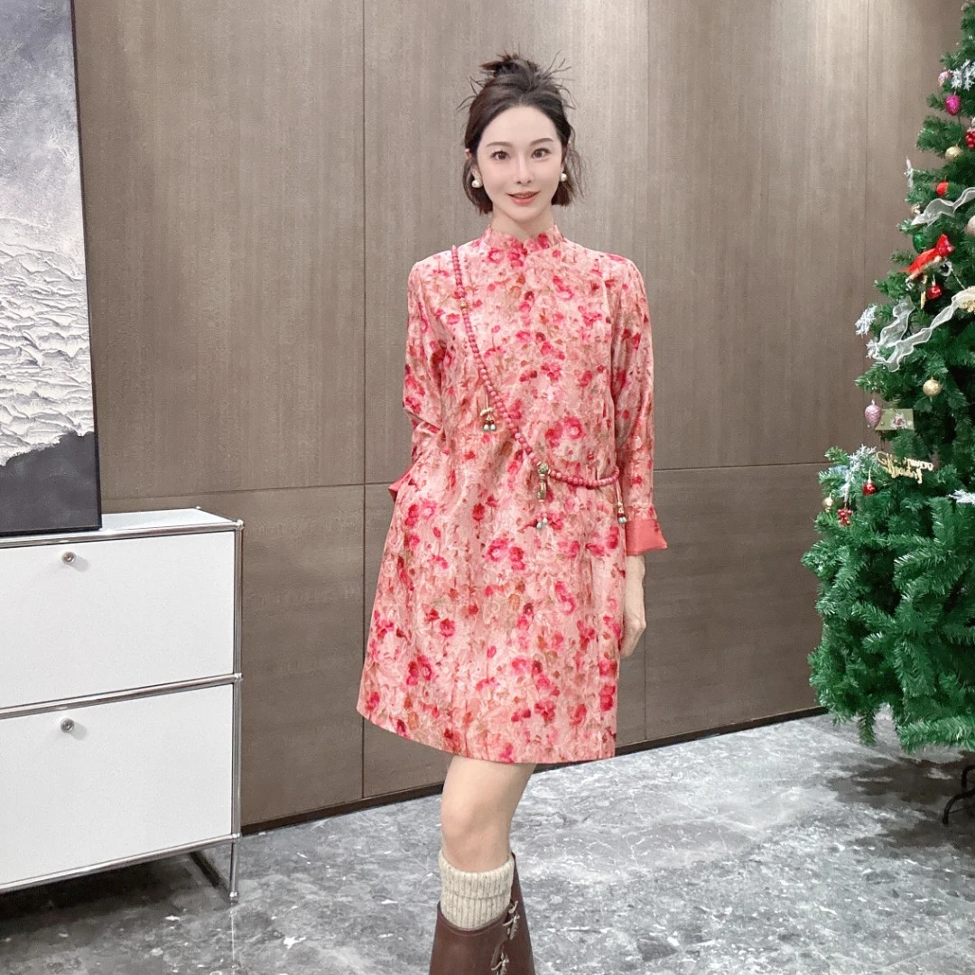 KK颜小新【桃花朵朵】新中式碎花气质中长款时尚显瘦复古夏季国风