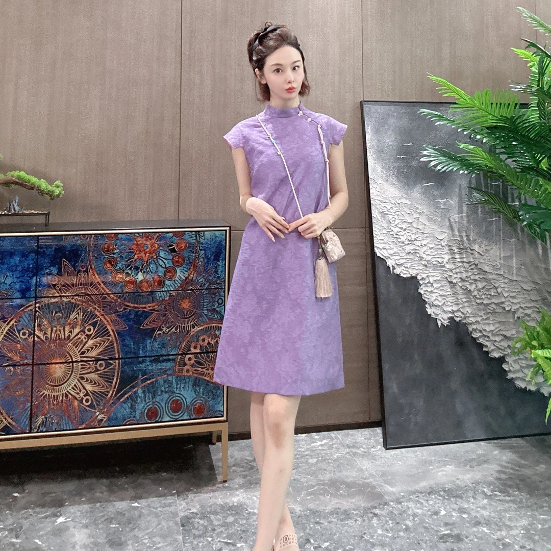 KK颜小新【紫荆花开】新中式国风气质时尚休闲天丝麻提花夏款连衣裙