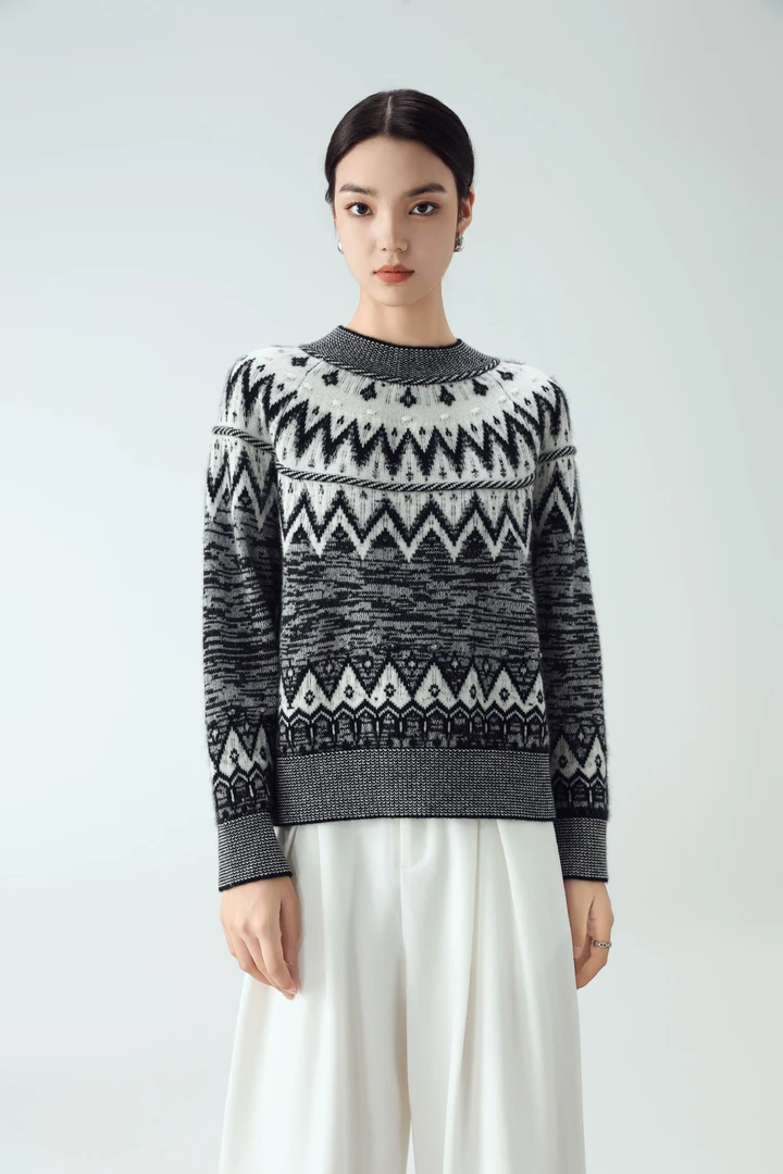 【小新羊绒】《水墨画》100羊绒经典英伦风女士几何花冬季针织衫