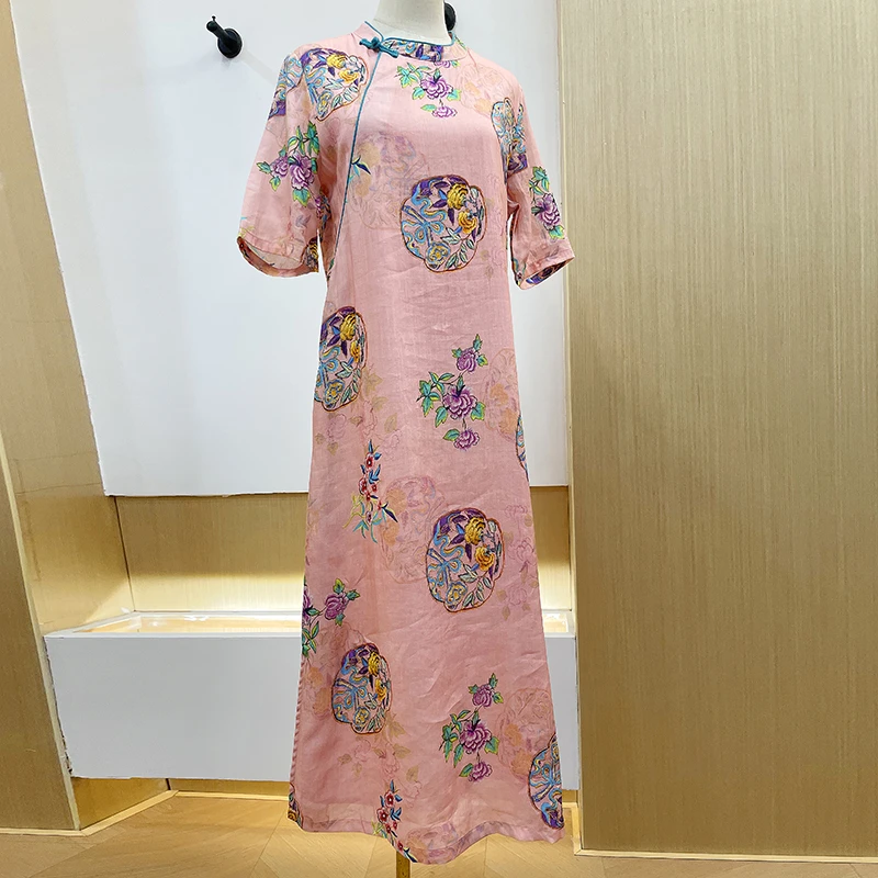 2023夏季新款苎麻气质改良旗袍国风复古盘扣双层短袖宽松裙子