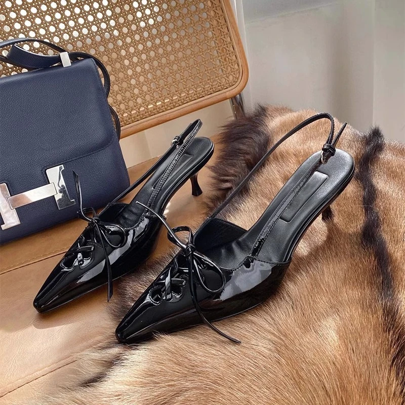 miu*尖头蝴蝶结法式包头凉鞋女款2024早春新款配裙子绝美细高跟鞋