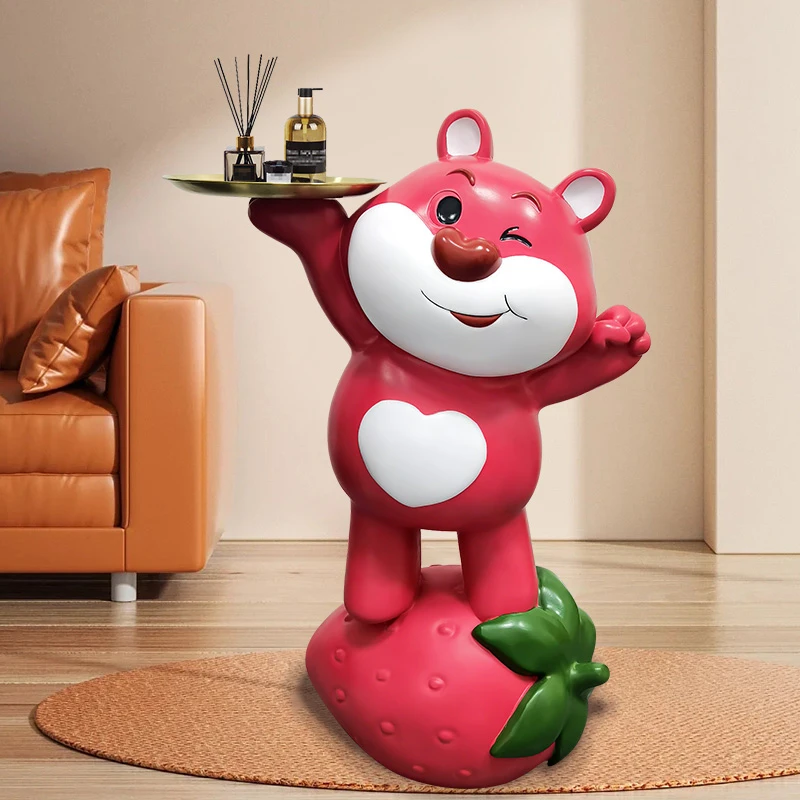客厅北欧轻奢礼物草莓熊女孩大号潮玩落地摆件玄关摆件托盘熊4580