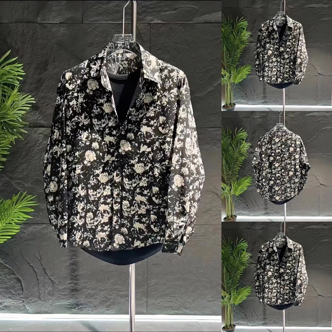 夏季新款冰丝抗褶皱提花设计复古潮流港风时尚休闲男士衬衫防晒