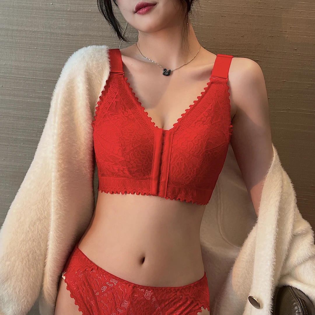 卉岩红色大胸显小前扣内衣女无钢圈全罩杯防下垂收副乳文胸薄