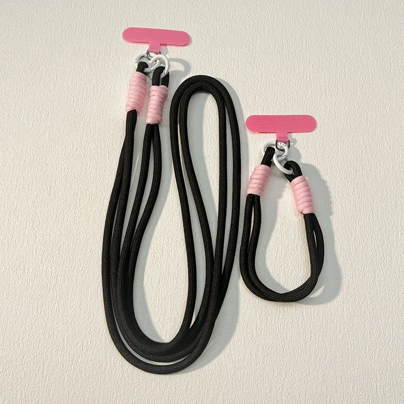 长绳女潮流多巴胺粉黑撞色手工编织斜跨绳手机壳挂绳短款相机挂脖