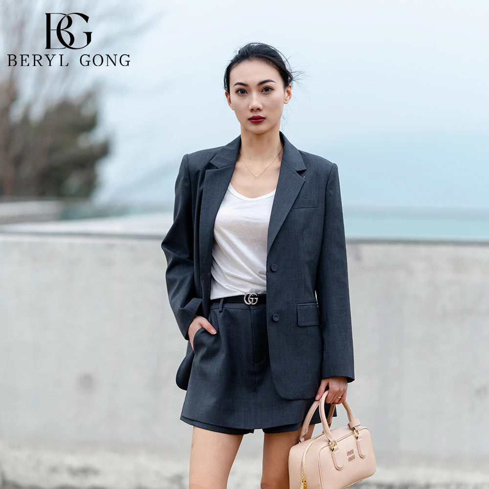 BERYL GONG【前卫博士】色纺羊毛定制面料修身收腰正肩西装裙裤套装