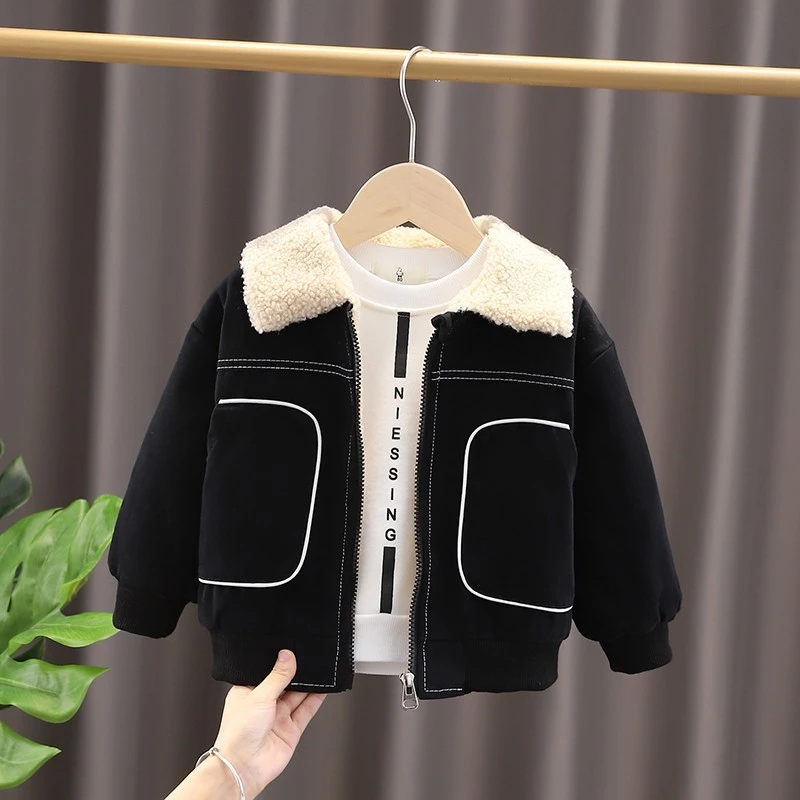 清男童加绒外套秋冬装新款潮宝宝洋气羊羔毛衣儿童加厚翻领夹克