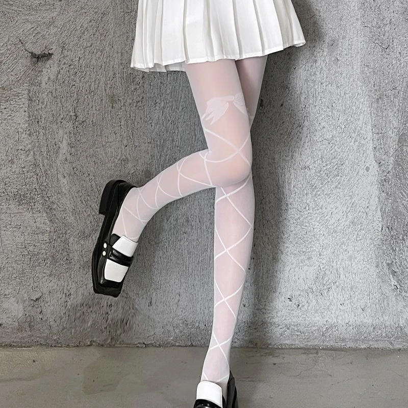 日系lolita美腿洛丽塔丝袜女印花绑带蝴蝶结白色连裤袜白丝jk袜子