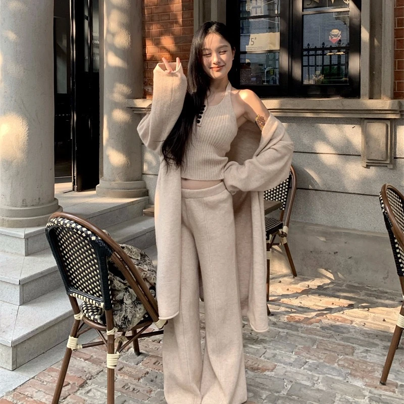 【墨瞳Lady】2号链接慵懒风开衫毛衣女外套阔腿长裤气质三件套装女