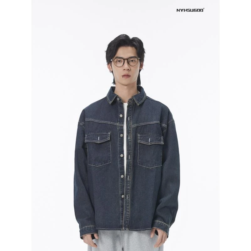 NYHSUGOO/南乙3183秋季男士美式休闲牛仔衬衫外套翻领长袖上衣