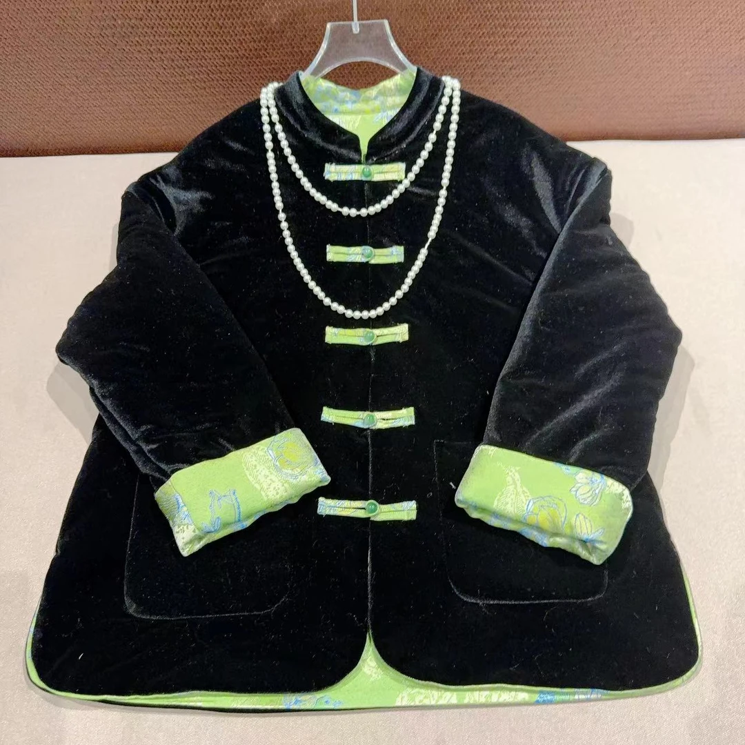 喜上眉梢--双面穿---中式棉袄黑色复古加厚时尚秋冬丝绒棉服