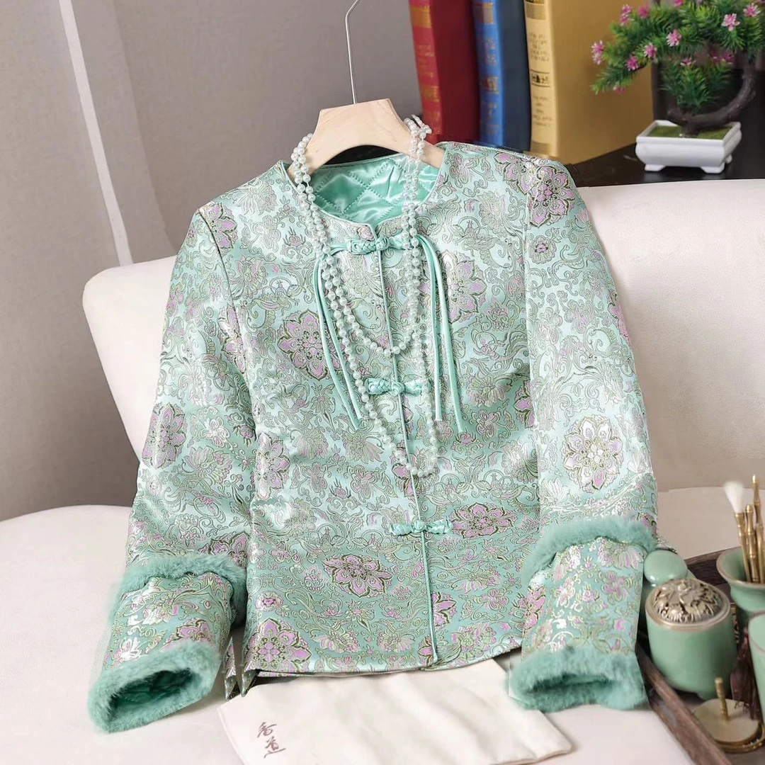 中式国风秋冬外套爆款2023时尚百搭棉衣高级感碎花圆领提花气质