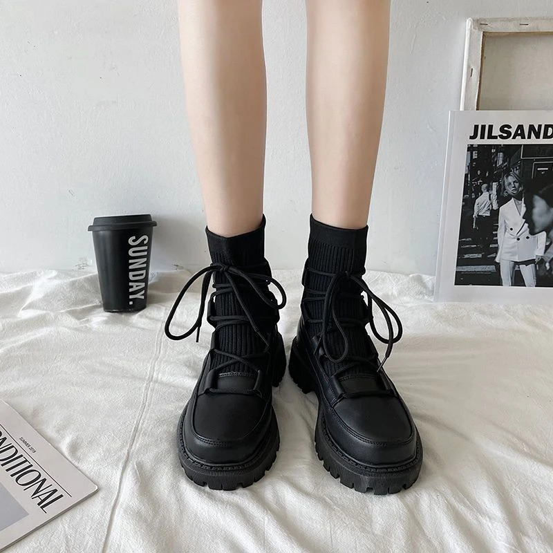 四季回力休闲鞋瘦靴2023春季新款百搭网红系带马丁短靴女舒适纯色