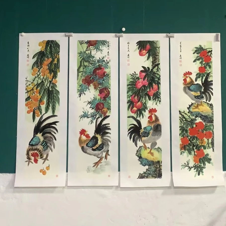 陈丽娟-公鸡四条屏5/宣纸带拖底-有细微差距