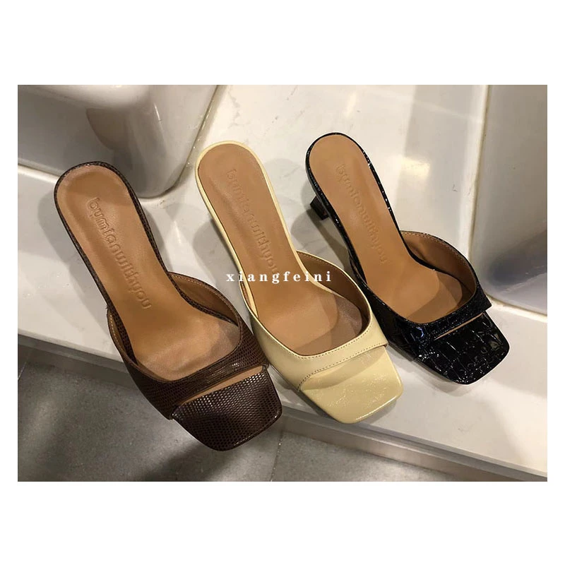 琳一琅 韩版手工鞋法式优雅简约风一字拖真皮高跟凉拖鞋真皮女鞋