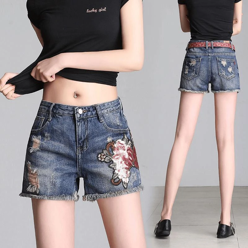 清仓清仓刺绣牛仔短裤女潮宽松高腰2024新款夏大码绣花字