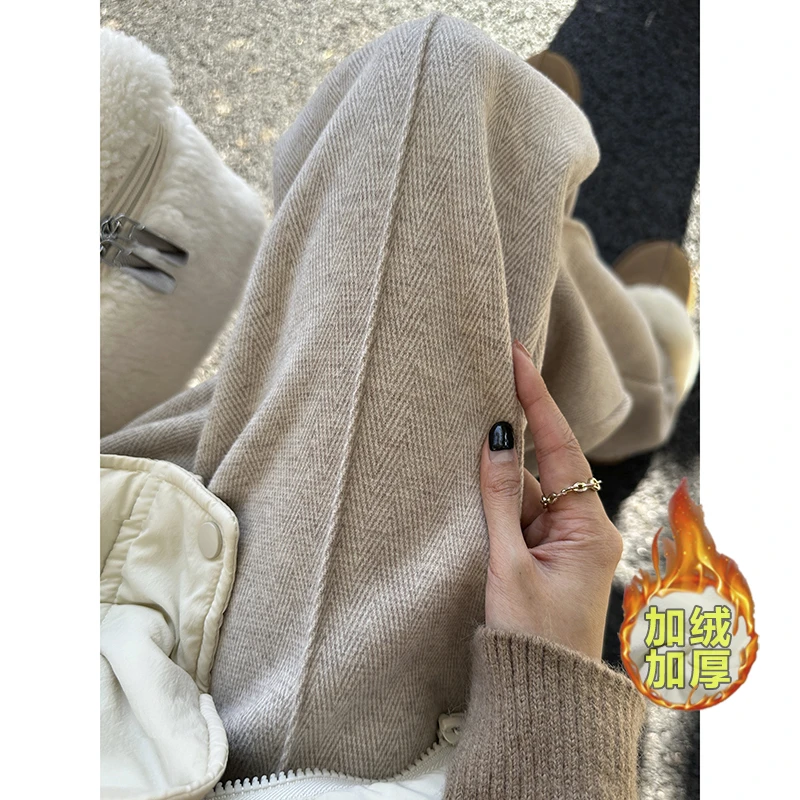 人字纹加绒阔腿裤女秋冬季205高腰休闲灰色毛呢裤垂感窄版直筒裤