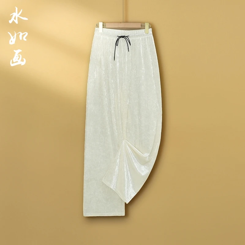 【雪柔】2024新款春秋中式休闲裤女宽松国风松紧腰直筒丝绒裤子女款