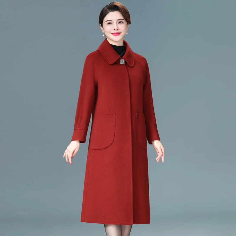 喜婆婆喜妈妈双面呢羊毛大衣中长款秋冬婚庆装中老年女装羊毛外套