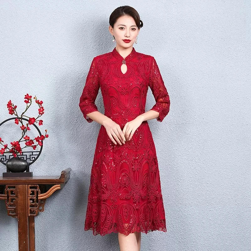 高档蕾丝连衣裙结婚喜妈妈喜婆婆婚宴礼服春秋装高贵夏季显瘦洋气