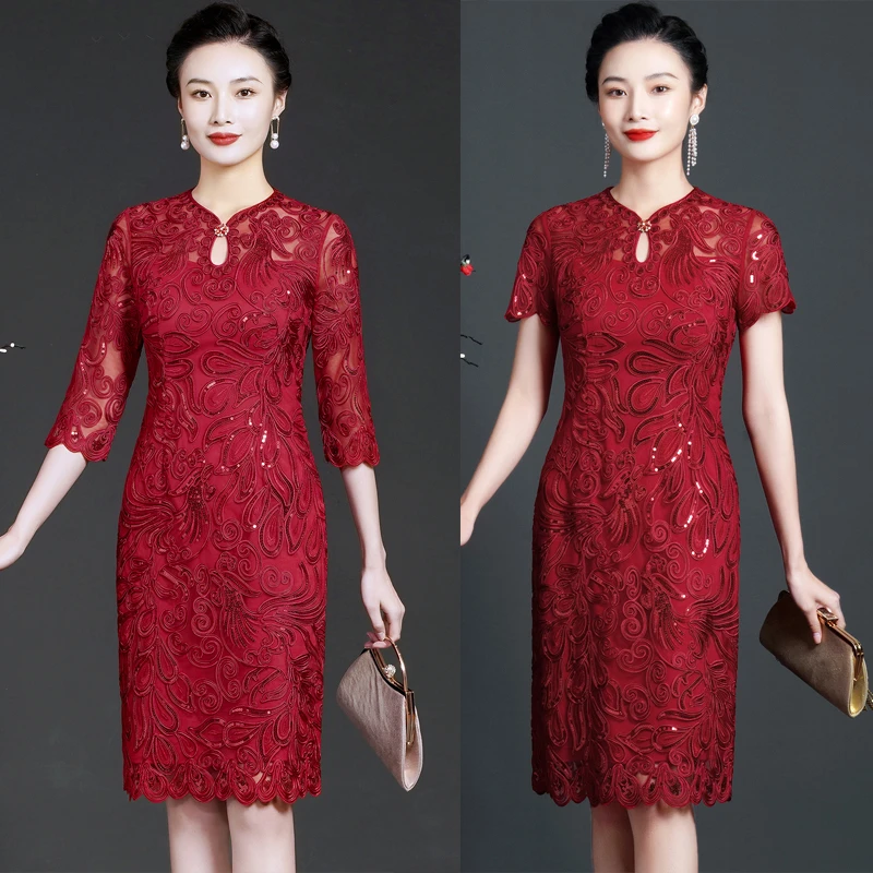 年轻小个子喜婆婆丈母娘婚宴礼服蕾丝改良旗袍妈妈礼服高贵洋气夏