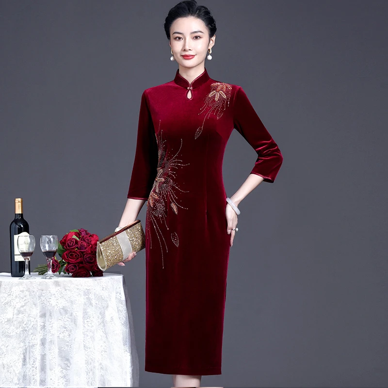 结婚喜婆婆喜妈妈婚宴礼服高贵端气质金丝绒旗袍厚连衣裙春秋装