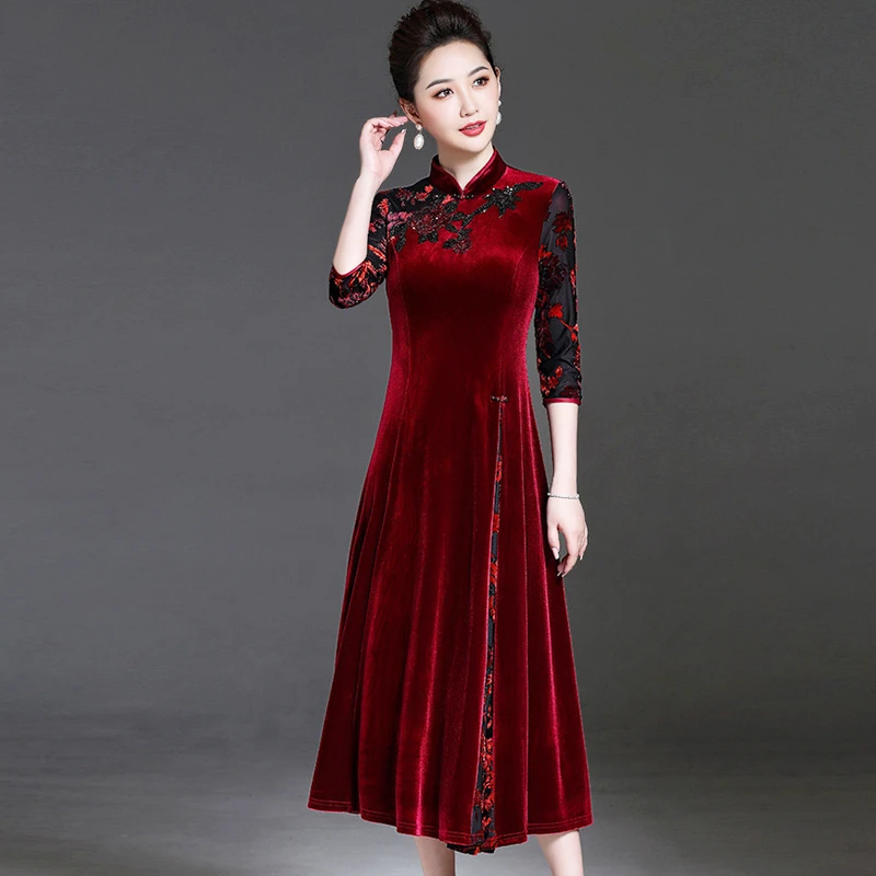 妈妈装长裙婚宴礼服中老年金丝绒连衣裙喜婆婆改良旗袍裙春秋新款