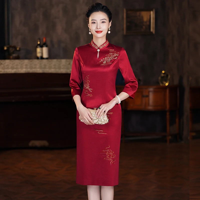 年轻喜婆婆喜妈妈婚宴礼服新国风旗袍修身连衣裙春秋装新款高贵