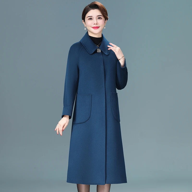 妈妈双面呢羊毛大衣中长款秋冬装中老年女装羊毛外套50-60岁