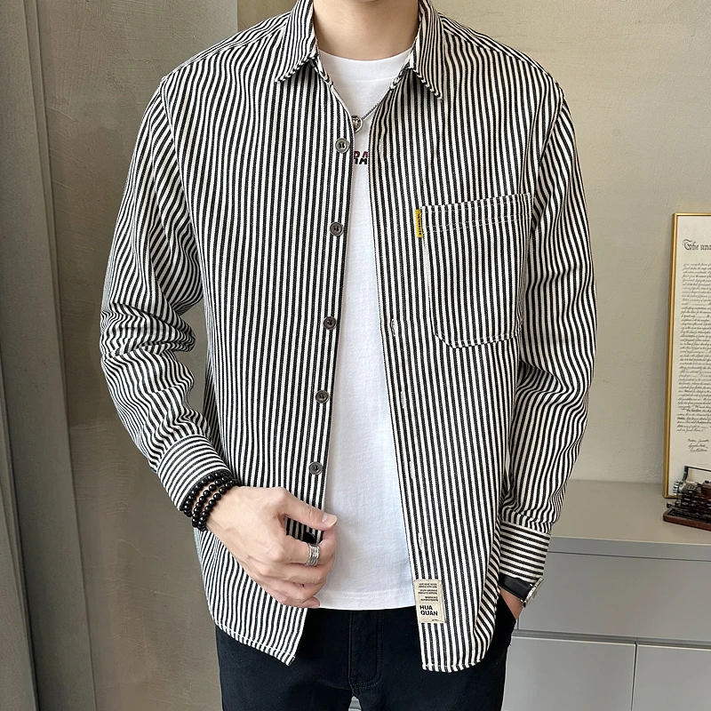 竖纹条纹款衬衫男士长袖衬衣2025新款春秋高档休闲痞帅高级感男装