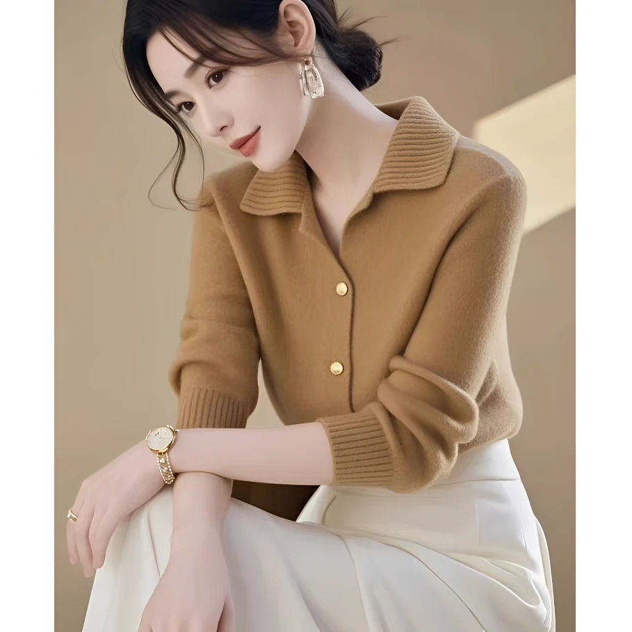 气质Polo领长袖针织衫2024欧货爆款上衣法式优雅显瘦外穿打底毛衣