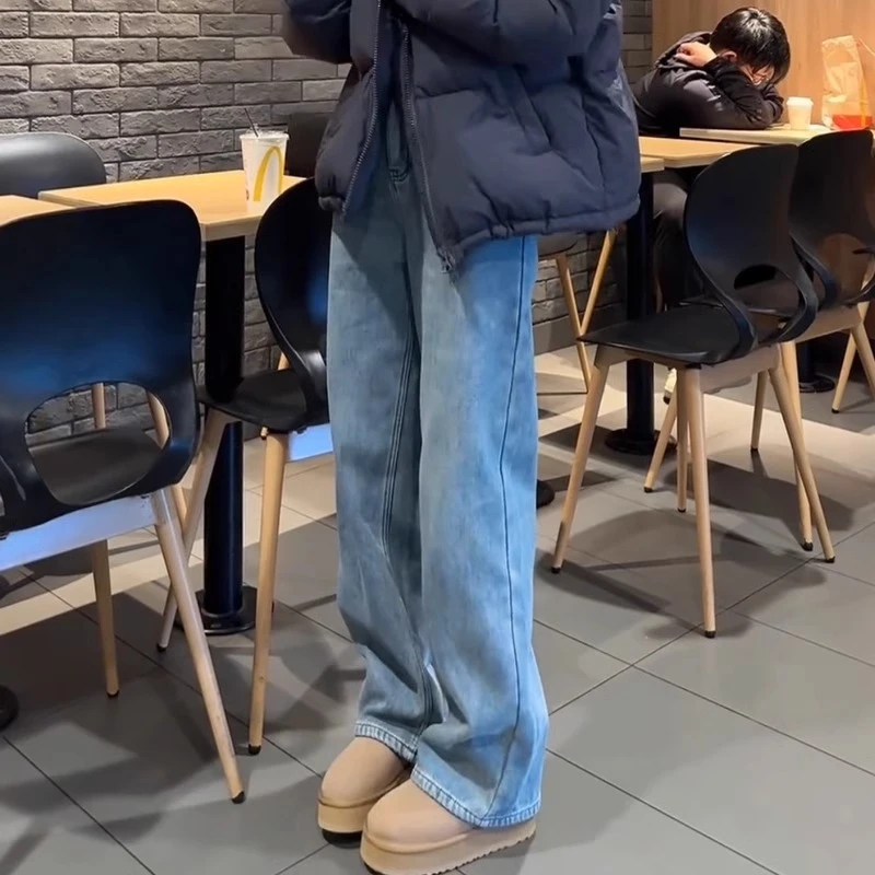 艾塔莉蓝色直筒牛仔裤女冬新款高腰显瘦窄版阔腿裤小个子显高百搭