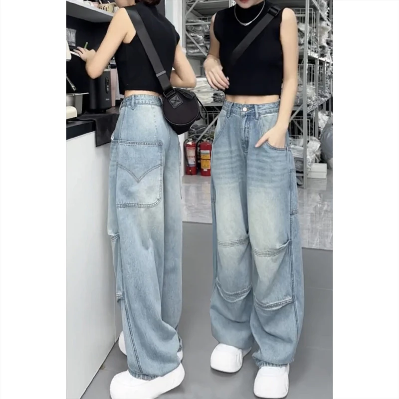 艾塔莉阔腿工装牛仔裤女秋季新款香蕉裤加绒加厚哈伦裤大码弯刀裤