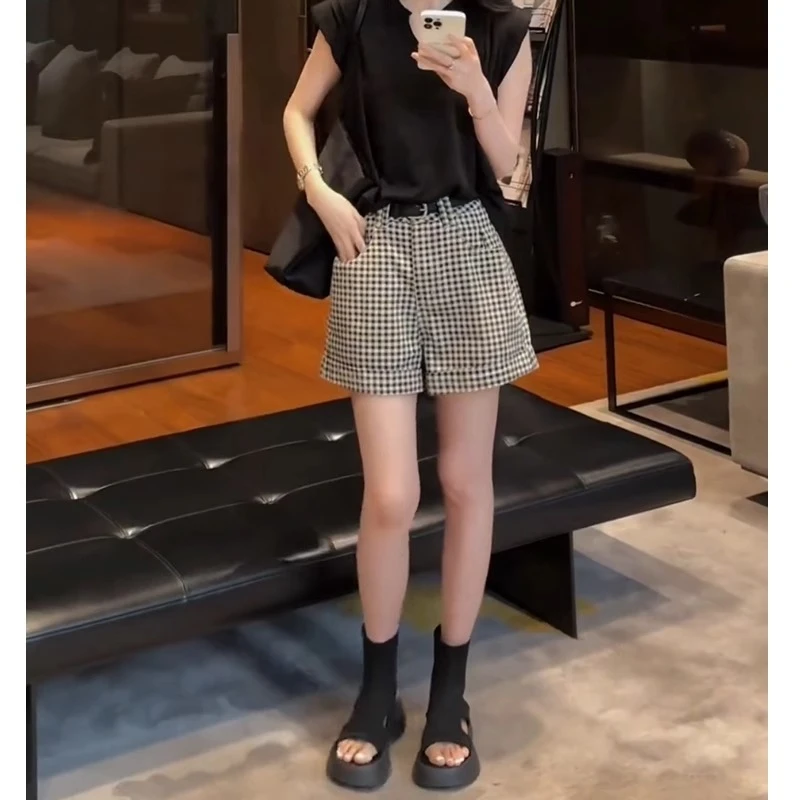 格子裤女2025年新款夏季爆款裤子小个子显瘦短款高腰休闲裤