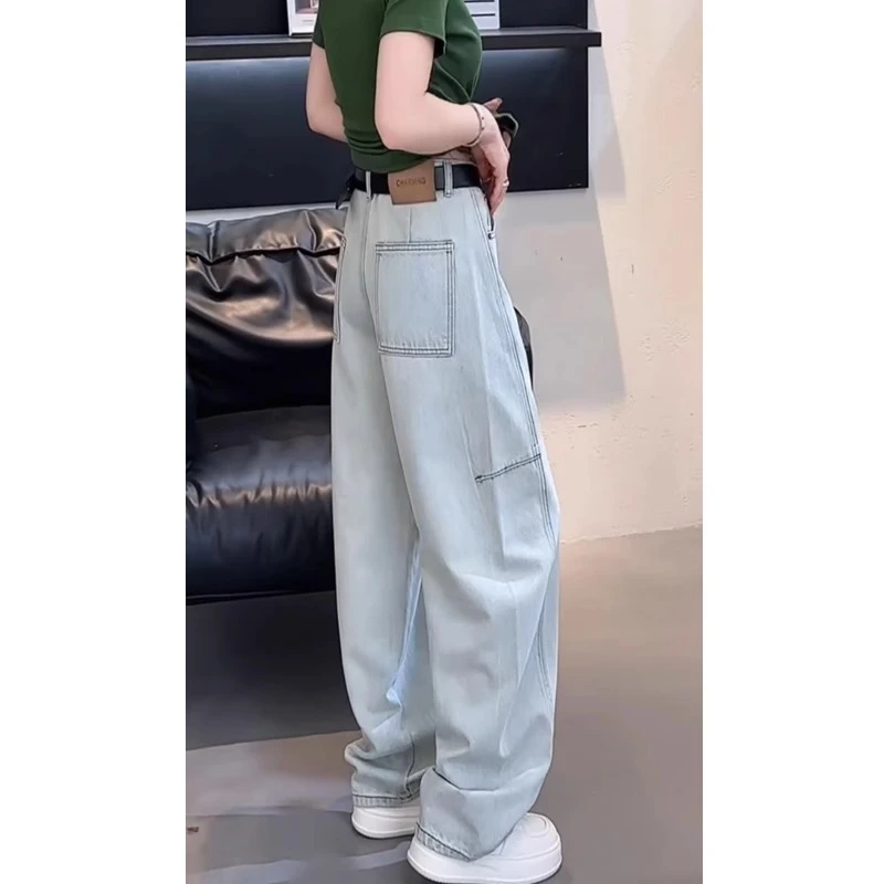 艾塔莉浅色牛仔裤女新款2025秋季显瘦阔腿裤胖mm大码宽松弯刀裤