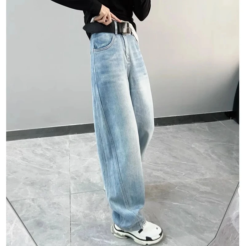 牛仔裤女2024年新款秋季裤子小个子蓝色显瘦直筒裤镰刀阔腿裤时尚
