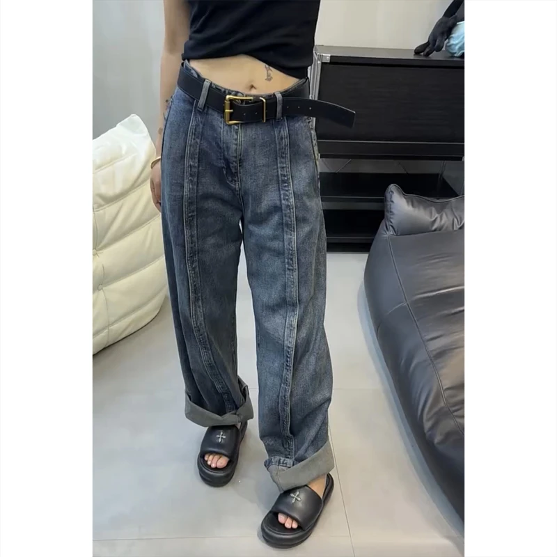 艾塔莉阔腿牛仔裤显瘦女秋季新款胖妹妹梨形大码弯刀直筒裤小个子