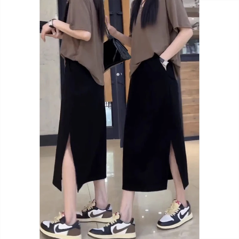 梨形身材大码高腰显瘦黑色半身裙女秋冬新款弹力中长款开叉A字裙