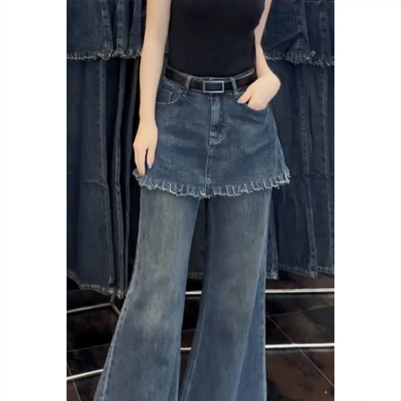 艾塔莉假两件喇叭牛仔裤子女秋季新款梨形身材胖mm大码阔腿喇叭裤