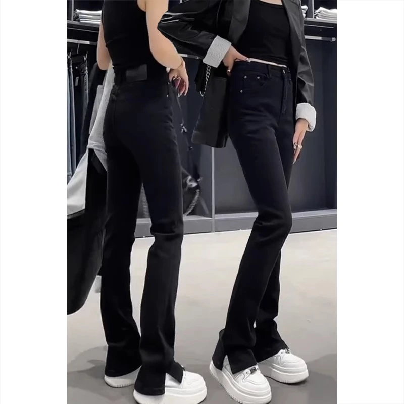 艾塔莉黑色开叉微喇牛仔裤女新款春马蹄裤加绒加厚大码弹力喇叭裤