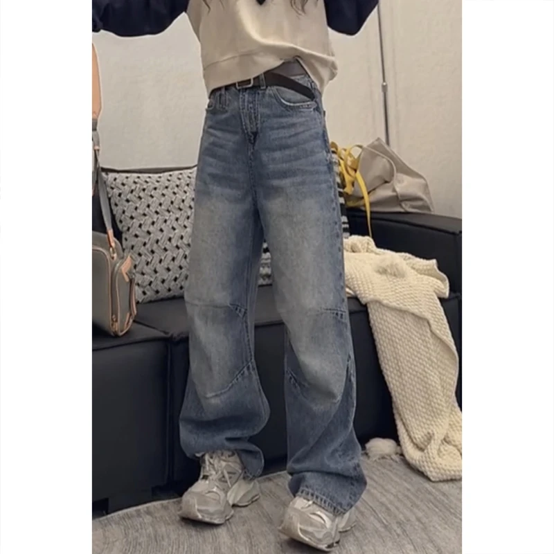 艾塔莉窄版阔腿裤显瘦牛仔裤子女春夏新款胖mm大码弯刀高腰小个子