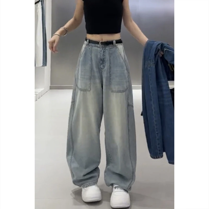 艾塔莉哈伦牛仔裤秋季新款梨形身材工装裤大码女孩阔腿弯刀裤子