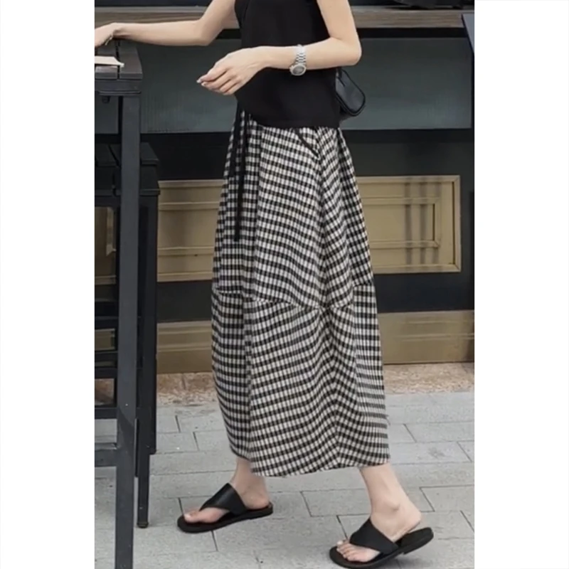 艾塔莉格子半身裙休闲裙子女夏季新款胖mm大码a字中长裙不规则裙