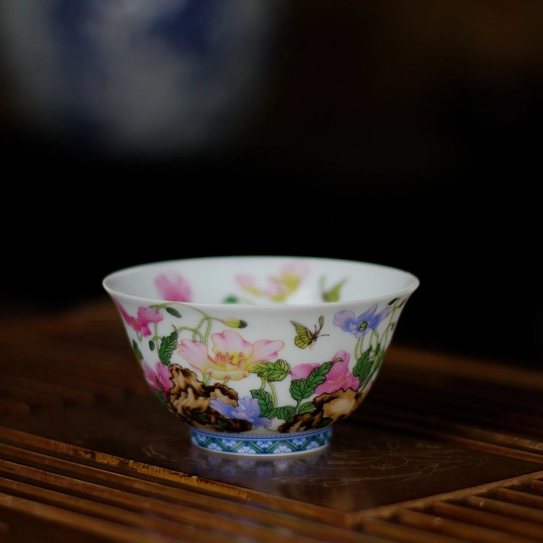 【薄胎】景德镇高端手工茶具釉上粉彩主人杯--蝶恋花