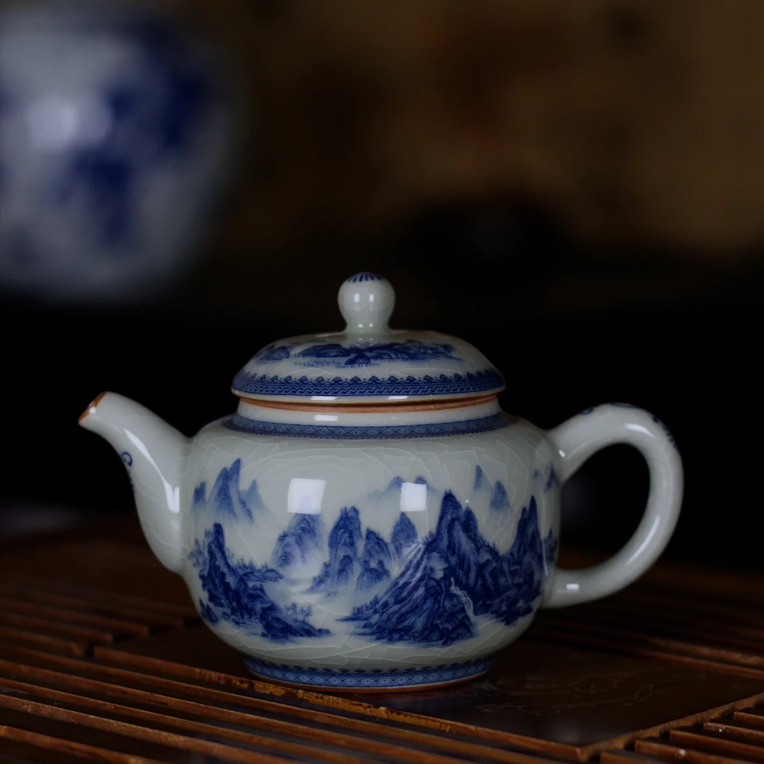 【茶壶】景德镇高温手工茶具老陶泥开片--千里江山茶壶