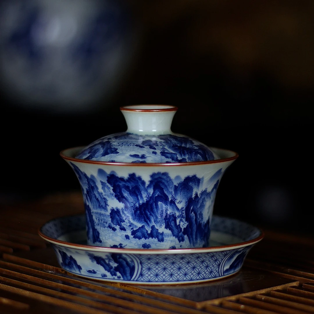 【新品首发】景德镇高温手工陶瓷茶杯马蹄三才山水盖碗--江山揽胜